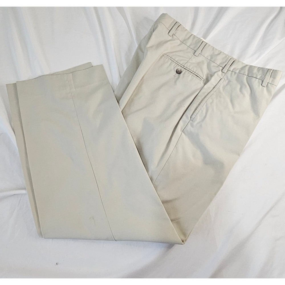 Brooks Brothers Mens Khaki Tan Flat Front Dress Trousers Pants 34 Made USA 7520